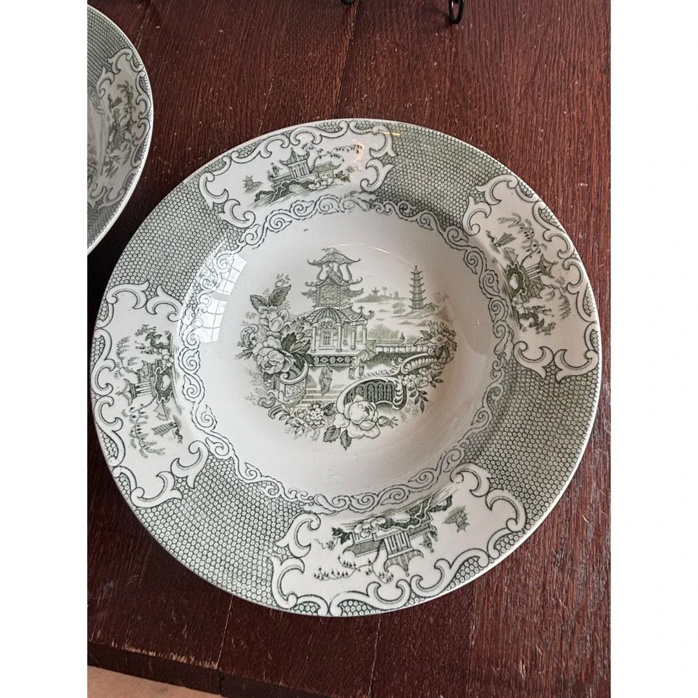 Vintage Libertas Prussia Green Transferware Soup Bowls Chinoiserie Set of 4